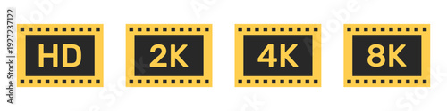 Set of Screen Resolution Silhouette Icon. Video Resolution Yellow Labels for Website. HD, Full HD, 2K, 4K, 8K Quality Set Collection. Isolated Vector Illustration