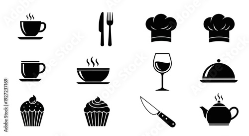 Food and Beverage Icons in Black Silhouette.