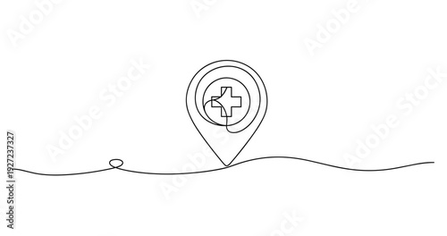 Minimalist location marker with medical cross symbol line art. No editable stroke