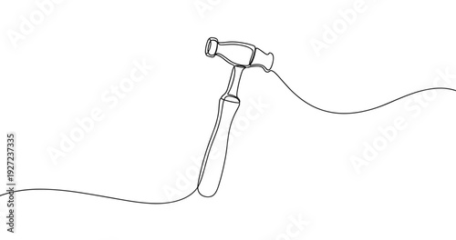 Continuous line drawing of hammer - minimalist black outline on white background. No editable stroke