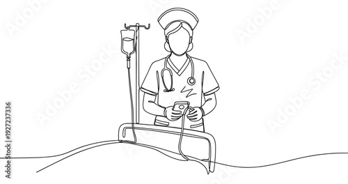 Nurse caring for patient in hospital room line art illustration. No editable stroke