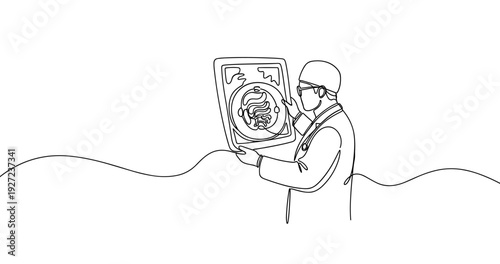 Caucasian male doctor analyzing brain scan in continuous line art drawing. No editable stroke