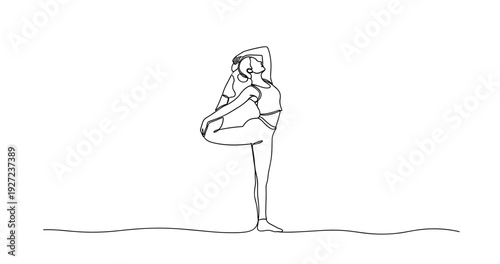 Continuous line drawing of female performing yoga pose on one leg. No editable stroke
