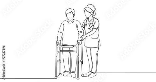 Healthcare support: nurse assisting elderly caucasian male with walker. No editable stroke