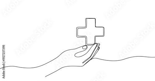Minimalist one-line art of hand holding medical cross symbol. No editable stroke