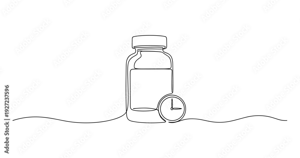 Obraz premium Minimalist line art of a medicine bottle with a stopwatch symbolizing time and health. No editable stroke