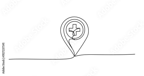 Continuous line art of location pin with medical cross symbol on white background. No editable stroke