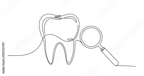 Black and white tooth line art with magnifying glass in minimalist style. No editable stroke