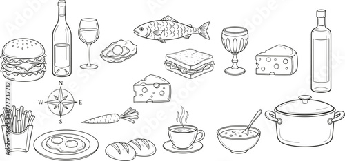 Black and white line art illustration of assorted food and drink items including burger, wine, oyster, fish, cheese, bread, coffee, and cooking pot for culinary design