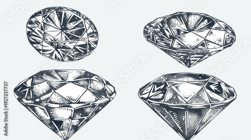 Artistic ink illustration of four diamonds, each with detailed facets, on a light background