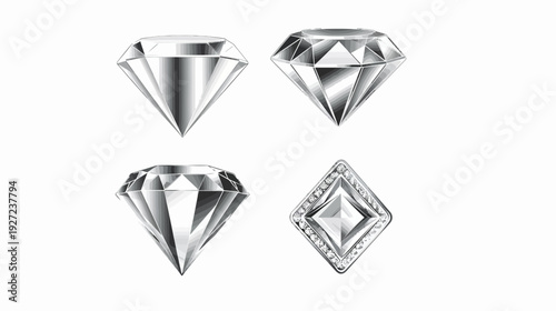 Four grayscale illustrations of faceted gemstones three round and one diamond shaped, all on white background