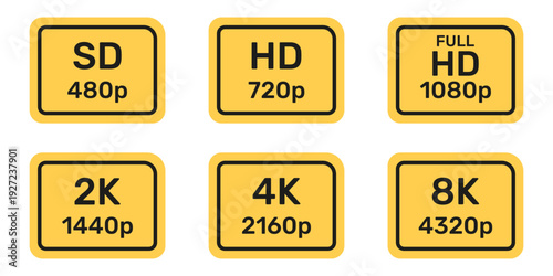 Video Resolution Yellow Icons Set. Digital Display Quality Symbol Collection. Video and TV Size Resolution Icons. Multimedia And Technology Use. Isolated Vector Illustration