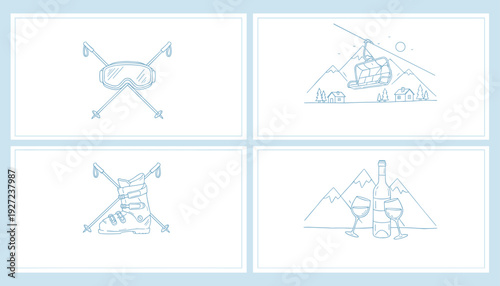 Minimalist blue line art ski resort illustration featuring ski goggles, ski lift, ski boot equipment, and wine leisure scene with mountains, cabins, and winter vacation atmosphere