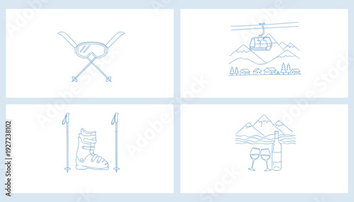 Minimalist blue line art illustration of ski resort vacation showing skiing gear, ski lift, mountain village, ski boot equipment, and wine leisure scene for winter holiday design