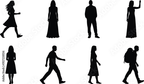 Black silhouettes of diverse people in walking, standing, and posing positions, showcasing human movement, posture, and activity for design, animation, and illustration purposes