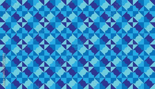 Monochromatic blue geometric mosaic pattern, seamless background with shades of navy and cyan