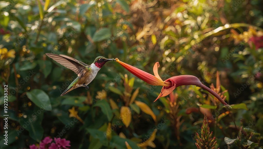 Obraz premium A female Ruby Topaz hummingbird dining on a Pride of Barbados bloom in a tropical garden, surrounded by vibrant flowers