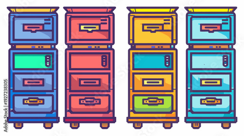 Four colorful, stylized cabinets, each with three drawers and a top compartment, with varying hues