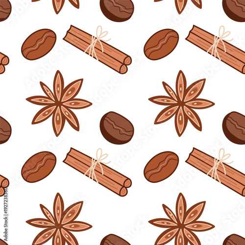 Coffee Seamless Pattern with Bean and Spice Illustration Background