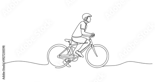 Line art of young caucasian male riding bicycle with helmet on wavy path. No editable stroke