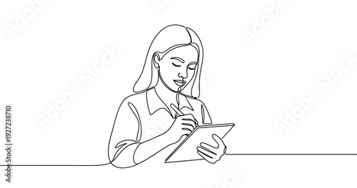 Continuous line drawing of young adult caucasian female using tablet. No editable stroke