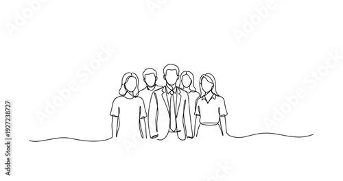 Diverse team: group of young men and women in continuous line drawing. No editable stroke