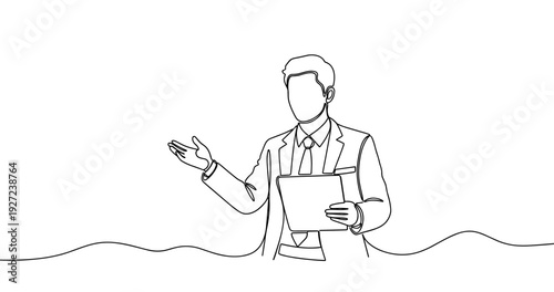 Young adult caucasian male presenter in suit giving presentation outline drawing. No editable stroke