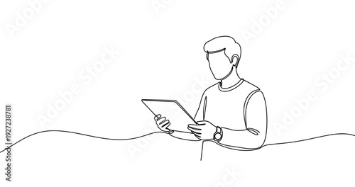 Line art of caucasian male adult using tablet in minimalist design. No editable stroke