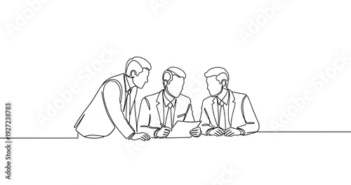 Three caucasian male adults in business meeting reviewing documents. No editable stroke