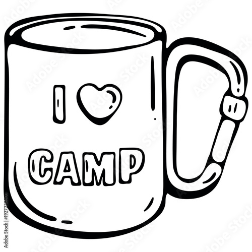 Camping Mug with Carabiner Handle. Hand Drawn Icon, Travel Cup Doodle Sketch