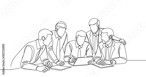 Group of businessmen collaborating on a project in an office meeting. No editable stroke