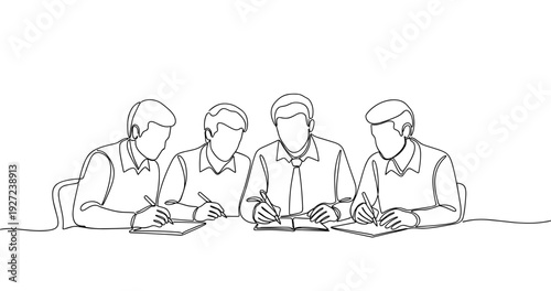 Team of young caucasian males collaborating on project at desk in continuous line drawing. No editable stroke