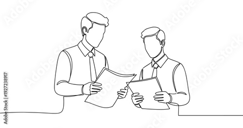 Two caucasian male adults reviewing documents in line drawing illustration. No editable stroke