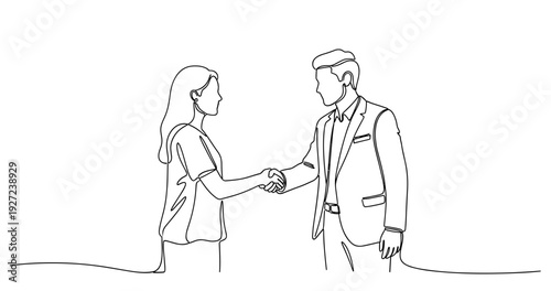 Line art of young caucasian female and male shaking hands in business attire. No editable stroke