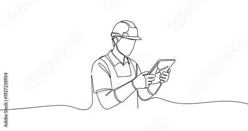 Asian male engineer using tablet for construction planning in continuous line art illustration. No editable stroke