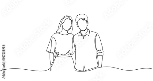 Continuous line art of young couple embracing. No editable stroke