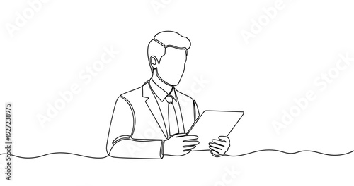 Young caucasian male reading tablet in minimalist line art style. No editable stroke