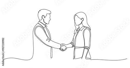 Line drawing of young caucasian male and female shaking hands in agreement. No editable stroke