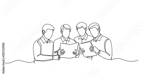 Group of young caucasian males analyzing documents in a line art style. No editable stroke