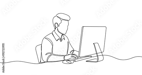 Line art of caucasian male adult working on computer at desk. No editable stroke
