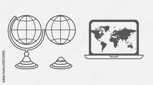 Simplified graphic of a globe, world map on a laptop, and a mountain on a white background