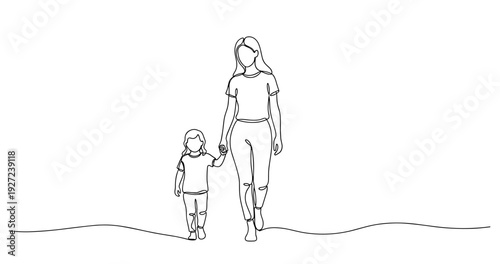 Continuous line drawing of female adult with female child walking. No editable stroke