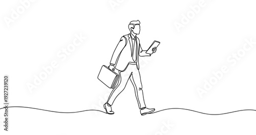 Line drawing of young caucasian male businessman walking with smartphone and briefcase. No editable stroke
