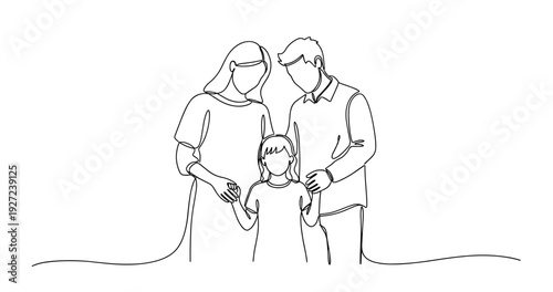 Line art of family: adult caucasian parents and child embracing. No editable stroke