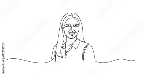Line drawing of smiling young caucasian female with long hair. No editable stroke