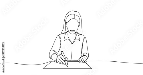 Young caucasian female drawing sketch at desk - minimalist line art. No editable stroke