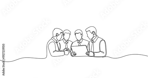 Line art illustration of business meeting with four caucasian men collaborating over a laptop. No editable stroke