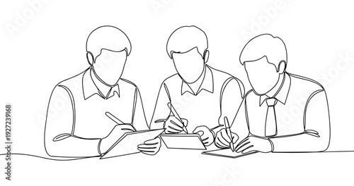 Three young caucasian males collaborating on tablets and notebooks. No editable stroke