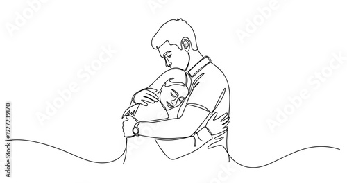 Line art of a young asian couple embracing in affectionate hug. No editable stroke