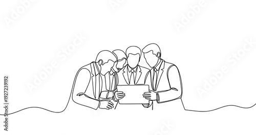 Line drawing of diverse business team analyzing tablet together. No editable stroke